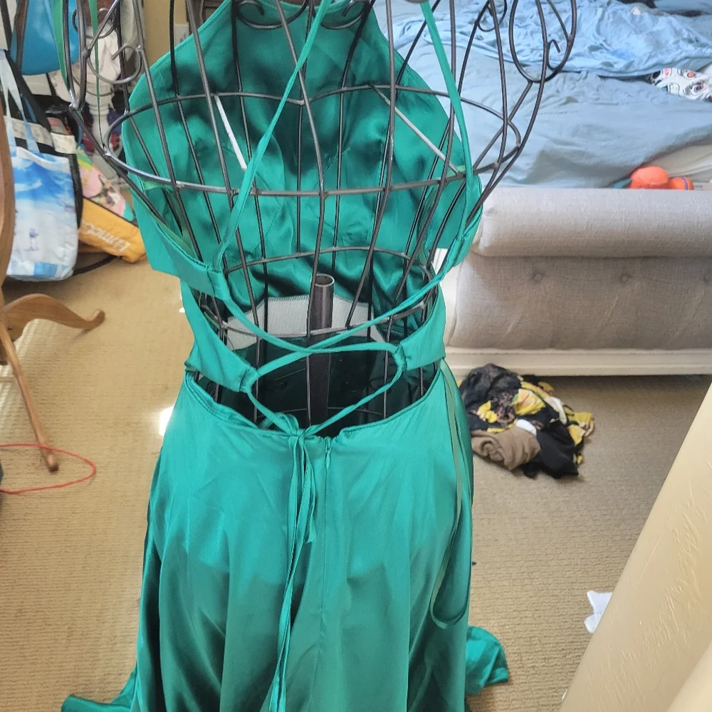 Blondie NITES Evening Gown Maxi Dress Green Satin Crossback BUTTERFLY